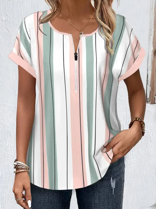 Square Neck Half Sleeve Striped Regular Loose Blouse For Women