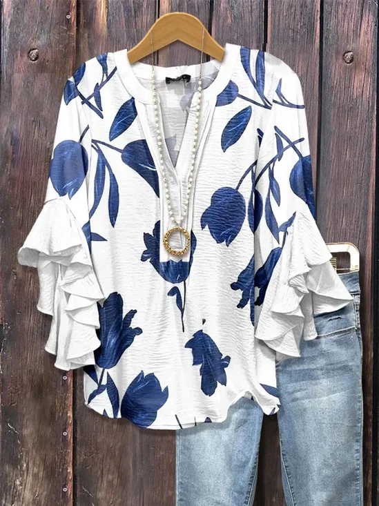 V Neck Half Sleeve Floral Printing Regular Loose Shirt For Women