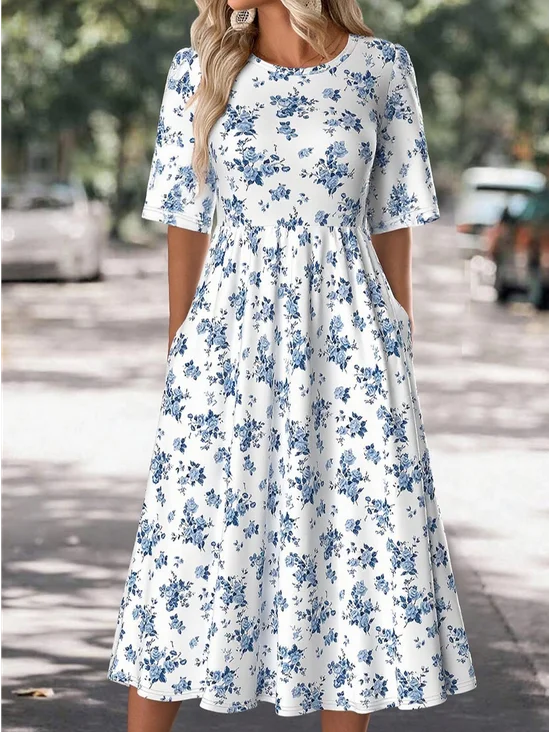 Women Floral Summer Dress Crew Neck Half Sleeve A-Line Dress