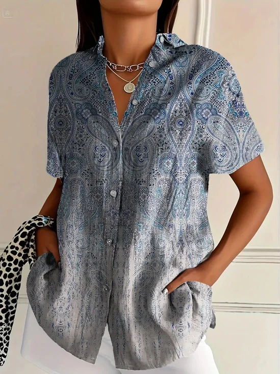 Shirt Collar Short Sleeve Paisley Regular Micro-Elasticity Regular Fit Shirt For Women
