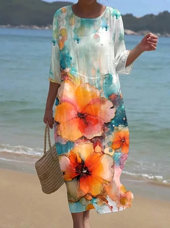 Women Floral Summer Dress
                                        Crew Neck Short Sleeve A-Line
                                        Dress