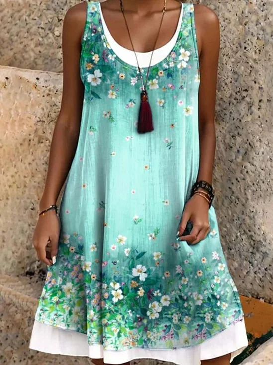 Women Floral Summer Dress Crew
                                    Neck Sleeveless A-Line Dress