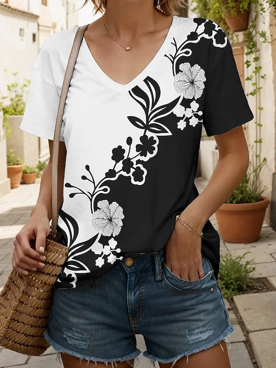 Casual Floral V Neck Short Sleeve T-shirt