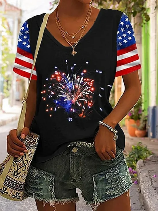 Casual America Flag V Neck Short Sleeve T-shirt