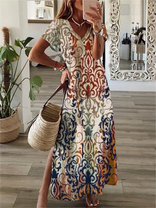Women Floral Summer Dress V
                                        Neck Short Sleeve A-Line Dress