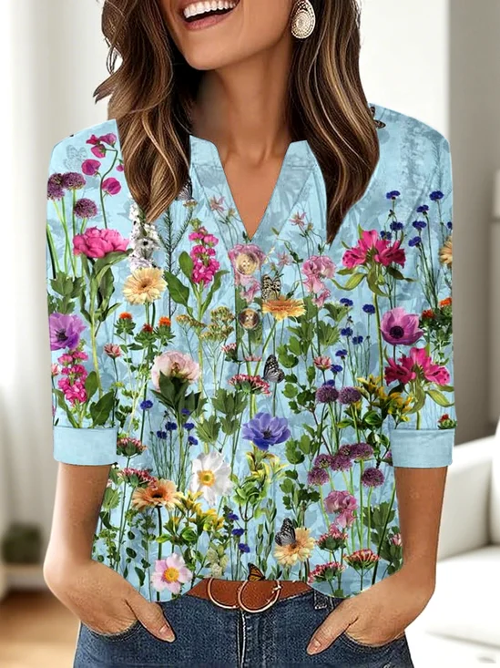 Casual Floral V Neck Three Quarter Sleeve T-shirt