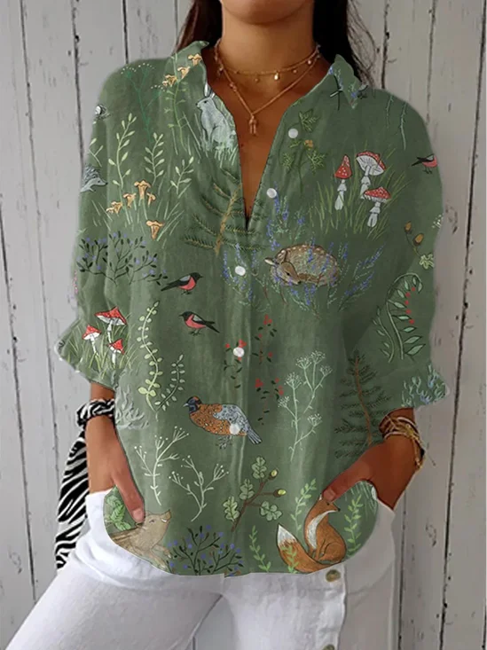 Shirt Collar Long Sleeve Floral Regular Micro-Elasticity Regular Fit Shirt For Women