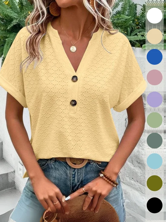 Casual Plain V Neck Short Sleeve T-shirt