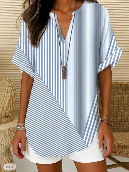 Shawl Collar Half Sleeve Striped Regular Loose Blouse For Women