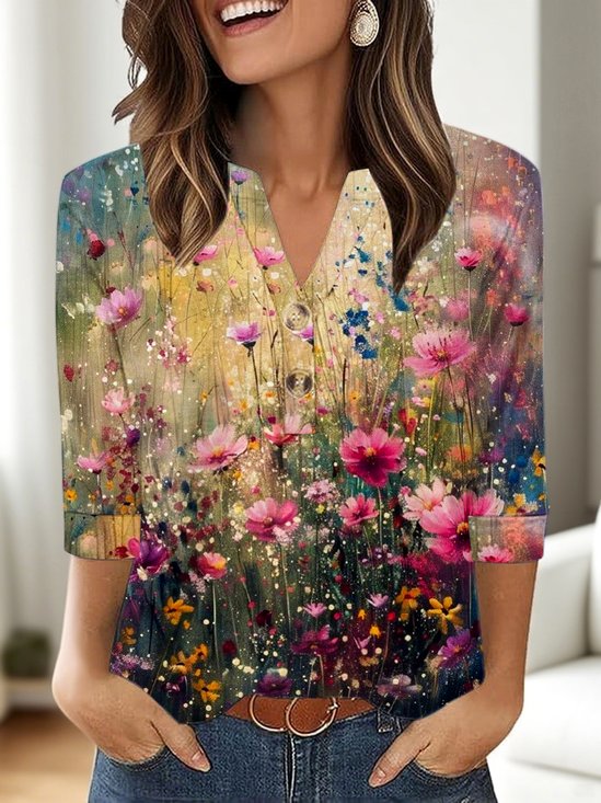 Casual Floral V Neck Three Quarter Sleeve T-shirt