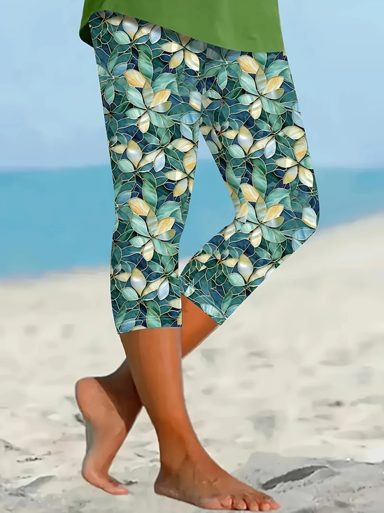 Women Floral Capris Elastic Waist Pants Casual Summer Trousers