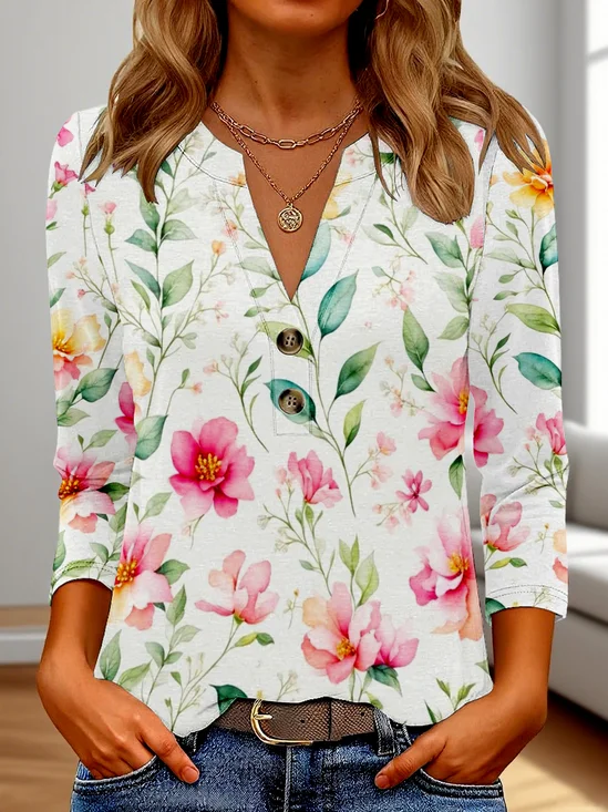 Casual Floral V Neck Three Quarter Sleeve T-shirt
