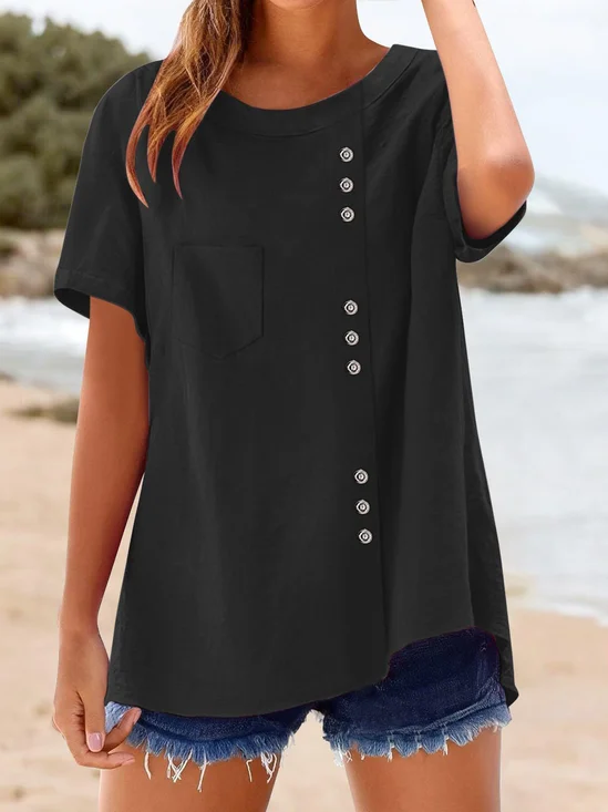 V Neck Short Sleeve Plain Regular Micro-Elasticity Regular Fit Shirt For Women