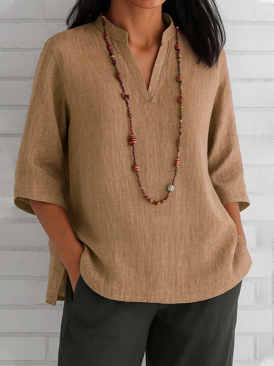 V Neck Half Sleeve Plain Pullover Lightweight Loose Blouse For Women