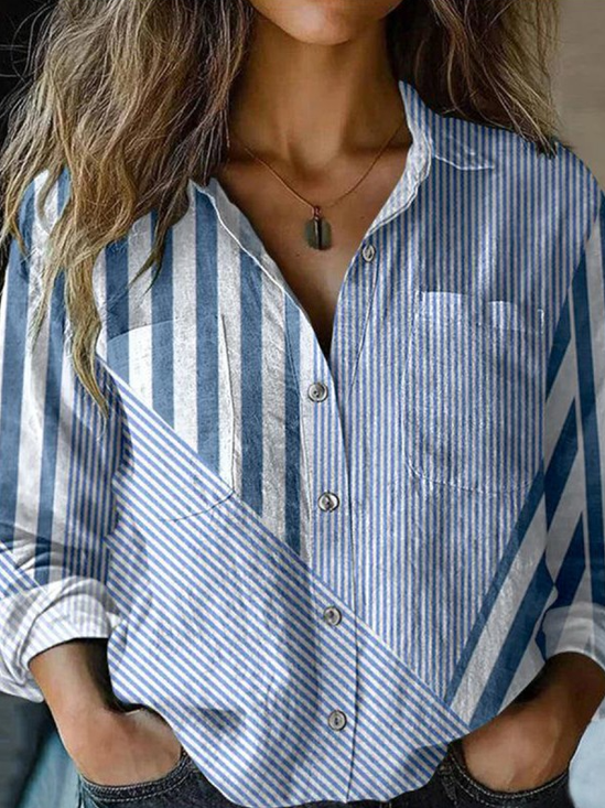 Shawl Collar Long Sleeve Striped Regular Loose Shirt For Women