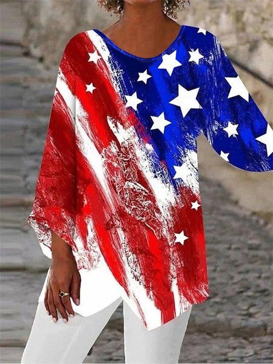 V Neck Long Sleeve America Flag Regular Loose Blouse For Women