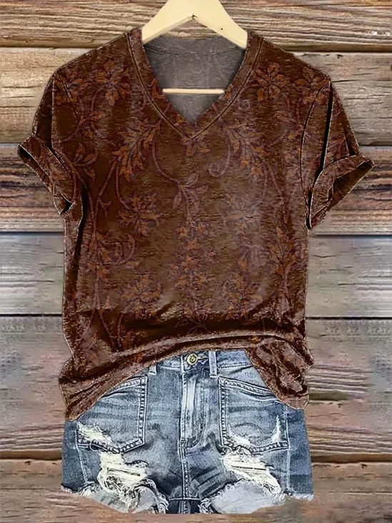 Casual Floral V Neck Short Sleeve T-shirt