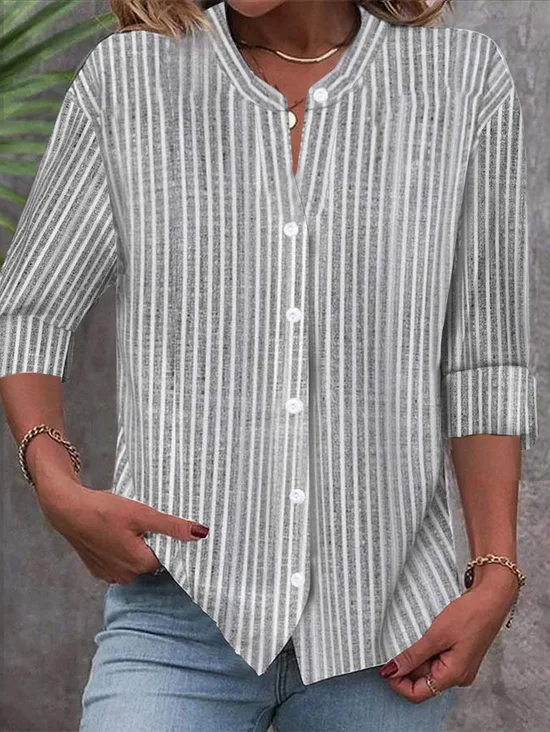 Stand Collar Long Sleeve Striped Regular Loose Shirt For Women