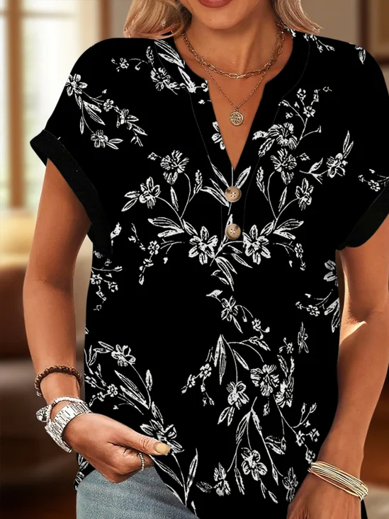 Casual Floral V Neck Short Sleeve T-shirt