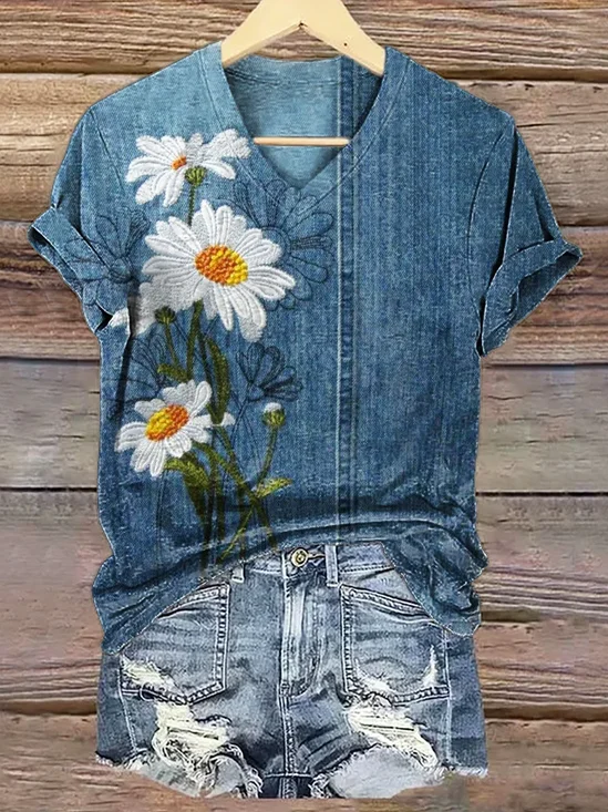 Casual Floral V Neck Short Sleeve T-shirt