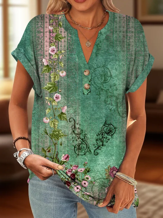 Casual Floral V Neck Short Sleeve T-shirt