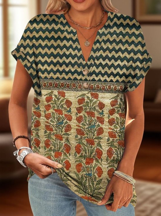 Casual Floral V Neck Short Sleeve T-shirt