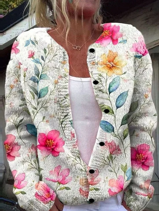 Women Knitted 3D Printing Long Sleeve Comfy Vintage Cardigan