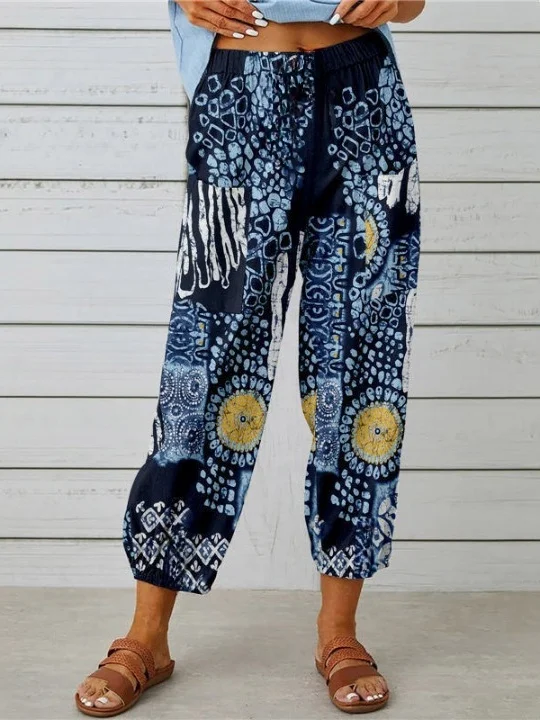 Women Geometric Ankle Pants Elastic Waist Pants Vintage Spring/Fall Trousers