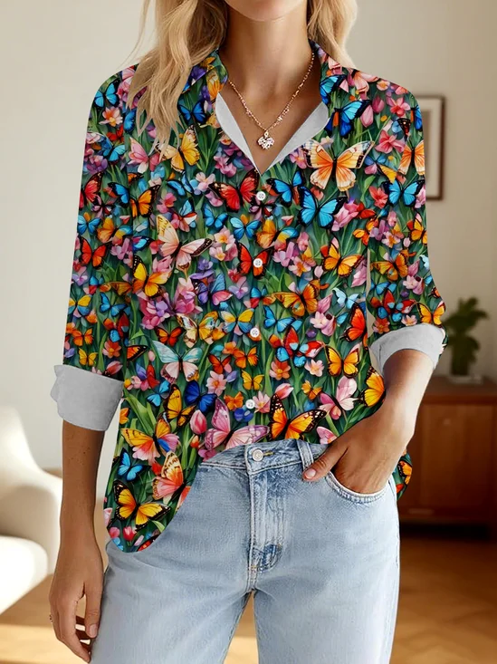 V Neck Long Sleeve Geometric Regular Micro-Elasticity Regular Fit Shirt For Women