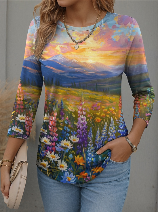 Casual Floral Crew Neck Long Sleeve T-shirt