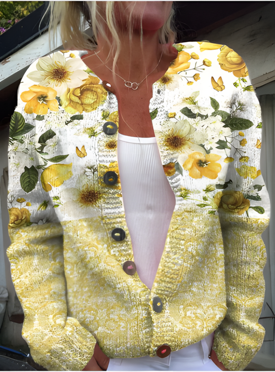 Women Knitted Floral Long Sleeve Comfy Vintage Cardigan