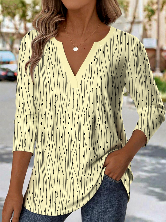 V Neck Long Sleeve Striped Regular Medium Elasticity Loose Blouse For Women