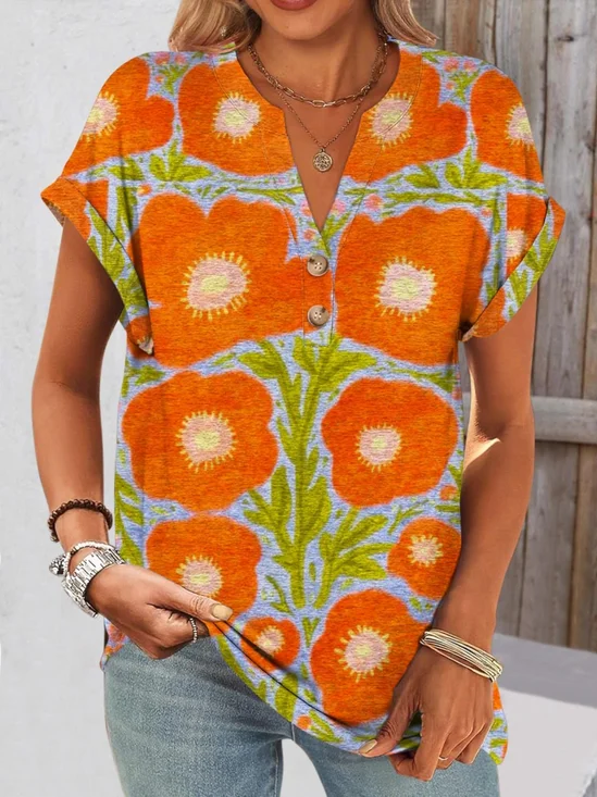 Casual Floral Art Painting V Neck Short Sleeve Comfy Cotton T-shirt