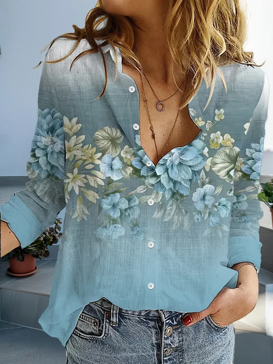 Shirt Collar Long Sleeve Floral Buckle Regular Loose Button Up Shirt Shirt For Women