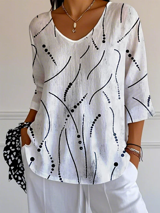 Casual Striped Art Print V Neck Three Quarter Sleeve Comfy T-shirt