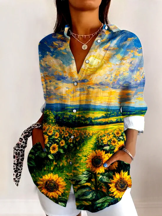 V Neck Long Sleeve Geometric Regular Micro-Elasticity Regular Fit Shirt For Women