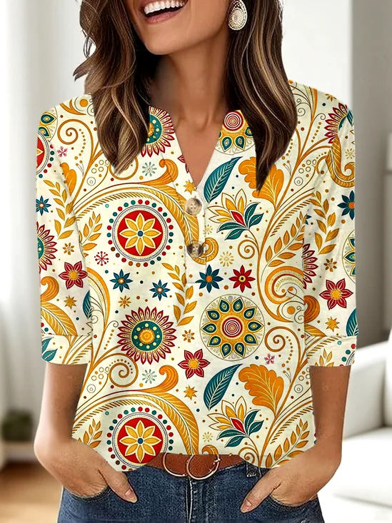 Casual Floral V Neck Three Quarter Sleeve T-shirt