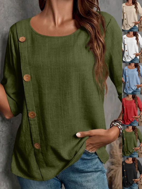 Crew Neck Half Sleeve Plain Split Joint Regular Micro-Elasticity Loose Blouse For Women