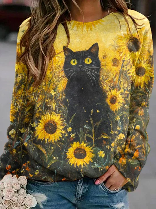 Casual Cat And Sunflower Art Pattern Long Sleeve Comfy Sweatshirt