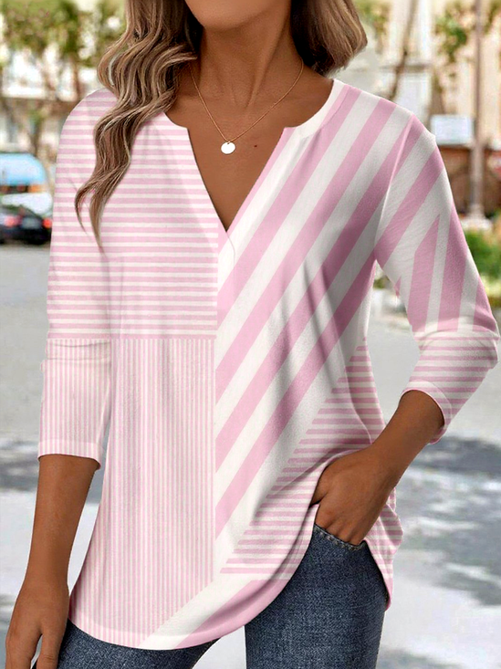 V Neck Long Sleeve Striped Regular Medium Elasticity Loose Blouse For Women