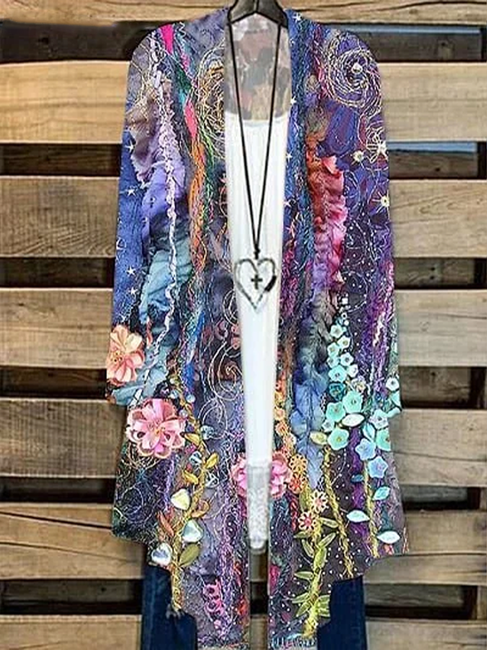 Women Spring/Fall Outerwear Casual Floral Long Sleeve Wrap Jacket