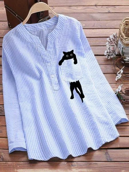 V Neck Long Sleeve Striped Printing Regular Micro-Elasticity Loose Tunic Shirt For Women