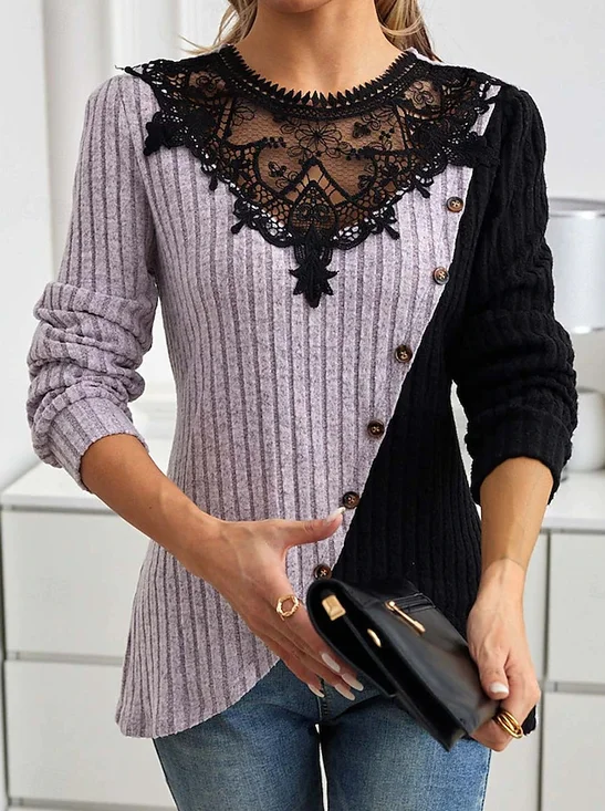 Slim Fit Lace Round Neck Color Matching Ribbed Cross Hem Long Sleeve Knitted Elegant Commuter T-Shirt Top