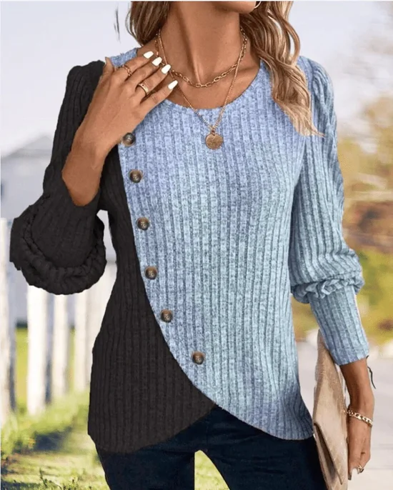 Slim Fit Round Neck Color Matching Ribbed Cross Hem Long Sleeve Spring And Autumn Knitted Commuter T-Shirt Top