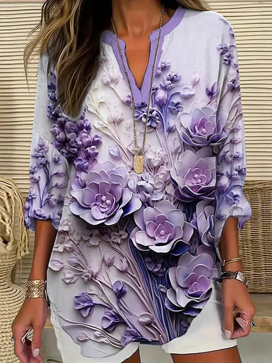 V Neck Long Sleeve Floral Printing Regular Loose Blouse For Women