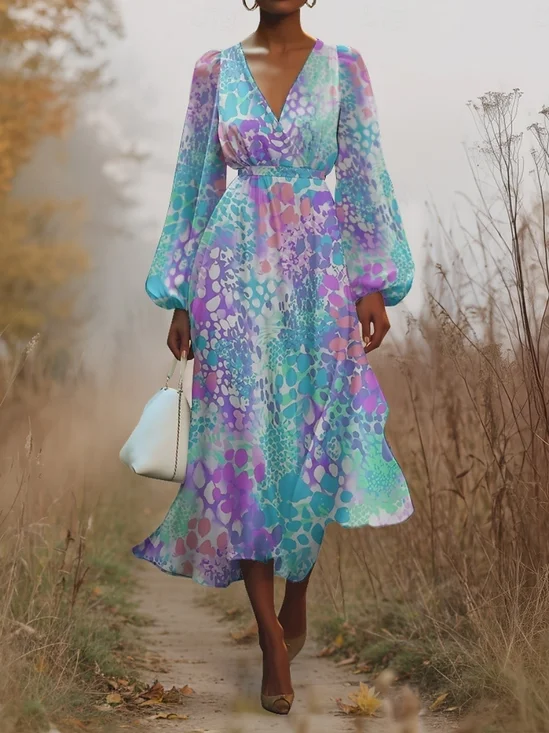 Women Floral Puff Sleeve Spring/Fall Dress V Neck Long Sleeve A-Line Dress