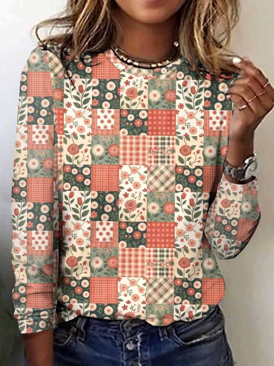 Vintage Plaid Crew Neck Long Sleeve T-shirt