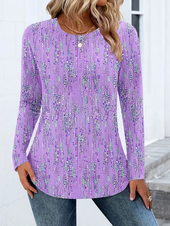 Casual Color Block Crew Neck Long Sleeve T-shirt