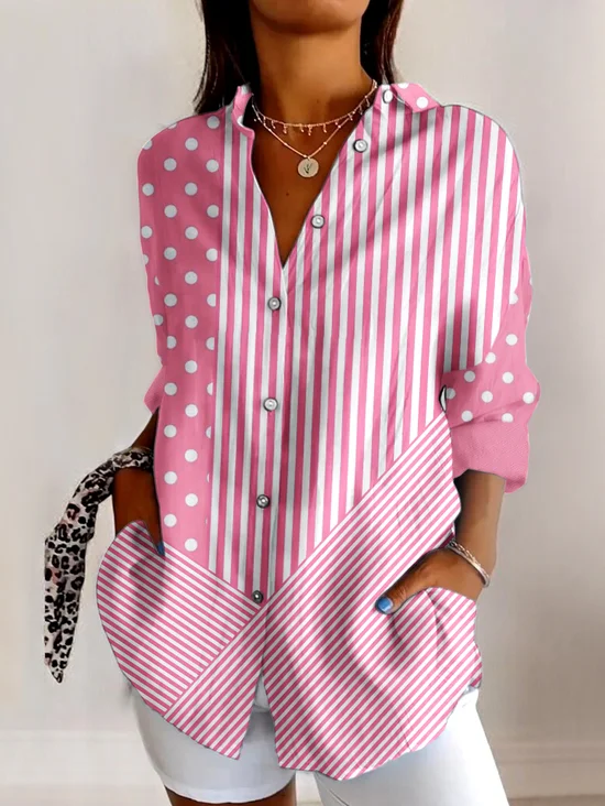 V Neck Long Sleeve Geometric Regular Micro-Elasticity Regular Fit Shirt For Women