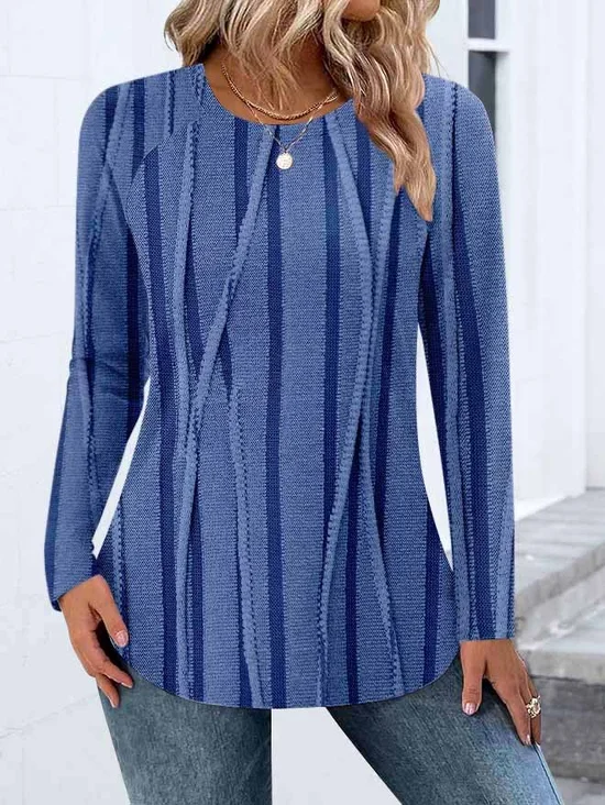 Casual Color Block Crew Neck Long Sleeve T-shirt